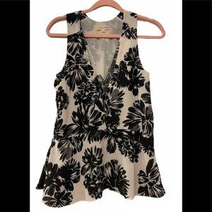 Rebecca Taylor Silk Floral Print Black White Peplum Sleeveless Size 4 Top